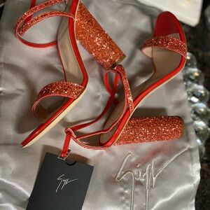 Giuseppe Zanotti Red Glitter Block Heel Sandals
